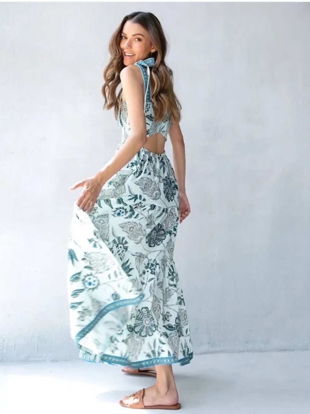 Omika Lana maxi dress shoulder ties crisscross back smocked bodice Nadia floral